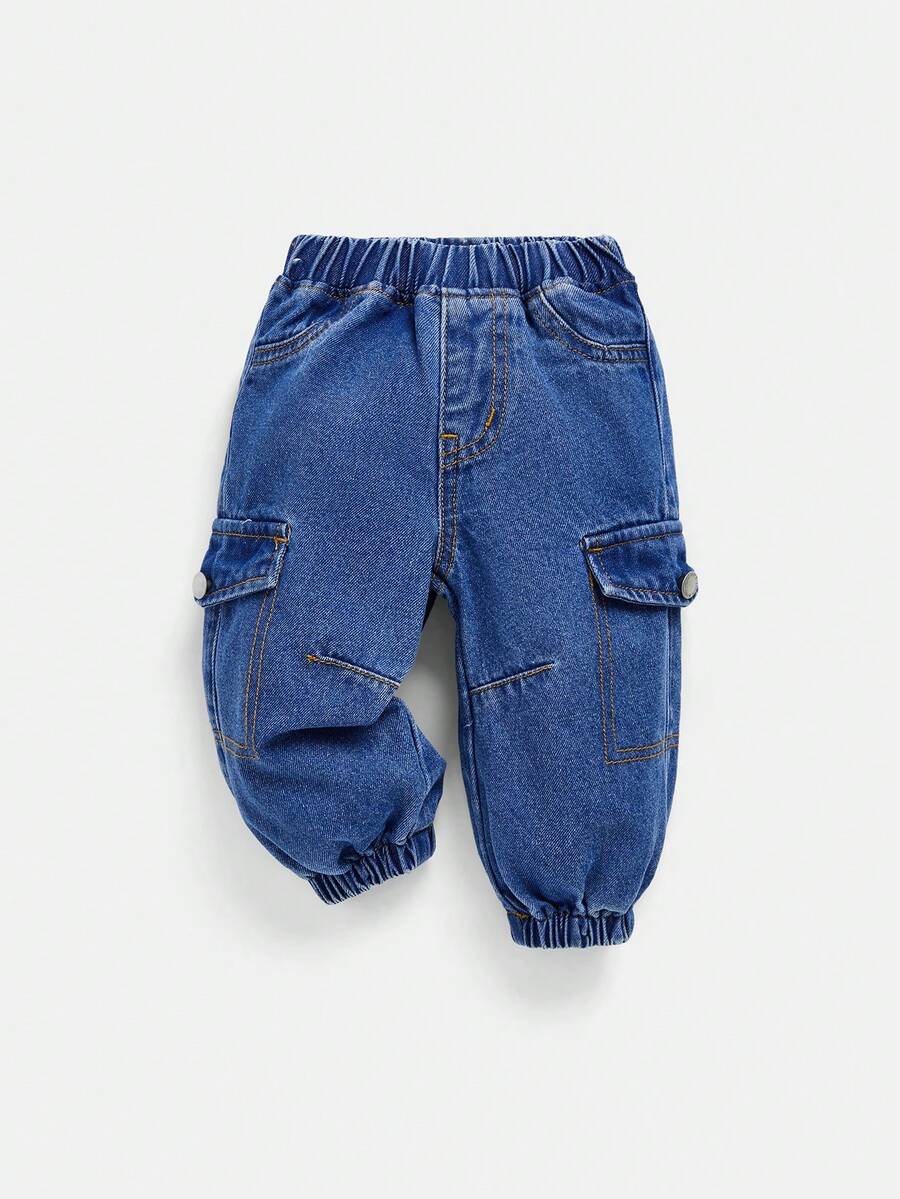 SHEIN بنطلون جينز مرن الخصر للأطفال الصغار، جيوب متعددة الاستخدامات - أزرق داكن - مشاهدة 1