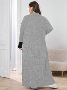 Lacomfia 大码女式撞色高领落肩长袖罗纹休闲宽松连衣裙，秋季休闲T恤长裙，适合日常休闲穿着 - 淺灰色 - 查看 2