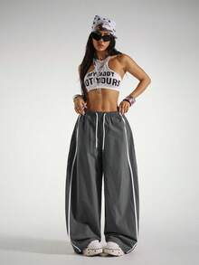 StreetHx Women's Drawstring Waist Wide Leg Casual Loose Sports Barrel Leg Pants - Dark Grey - View 3