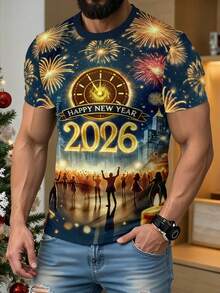 Manfinity Homme 男士时尚3D印花“2026新年快乐”T恤 圣诞上衣 圣诞礼物 男士礼物 圣诞T恤 - 彩色 - 查看 9