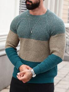 Manfinity Homme Plus Size Men's Contrast Color Round Neck Raglan Sleeve Casual Sweater, Autumn/Winter - Multicolor - View 4
