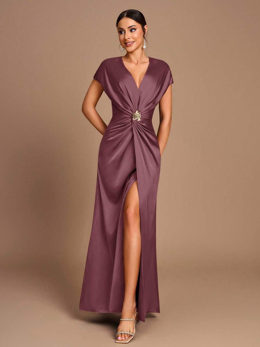 SHEIN Belle Váy phù dâu xẻ tà chữ A tay ngắn xếp ly màu cà phê lãng mạn thanh lịch - Gỗ đỏ - Xem 1