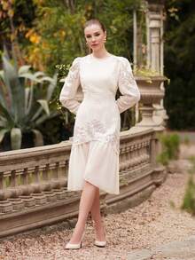 ORNATELLA 女士时尚新款长袖铆钉亮片拼接优雅派对连衣裙 - 杏色 - 查看 3