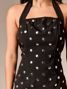 AiiRZ Robe mi-longue corset à pois ornée avec clous métalliques pour événements, fêtes, invités de mariage - Noir - Voir 4