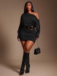 Radiana Plus Size Black Casual Slash Shoulder Asymmetrical Mini Dress, Versatile For Daily Wear, Dating, Afternoon Tea, Hanging Out With Friends, All-Matching Occasions/Evening Shirt/Fall/Winter Clothes/Fall Wedding Guest Top/Classy Elegant Top /Formal/Y2k /Birthday /Going Out /Curve Leisure,Street Style,Suitable For High Street,Urban,Sexy Office Siren Coquettish,Cruise Attire,Commuting,Retro,Vintage,Party,Resort,Outing,Old Money,Richly Layered,Date Night,Gathering,Minimalism, Sexy Plus Size Outfit