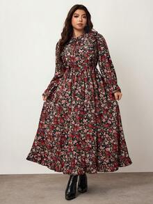 Enliva Große Größen Damen Herbst Ditsy Floral Langarm Kleid mit geraffter Taille, geeignet für Lehrerinnen - Schwarz - Übersicht 4