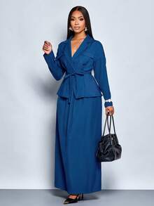 SOLERSUN Elegant Commuter Waistline Suit Tie Jacket And Skirt Two Pieces Set For Autumn And Winter - Blue - View 4