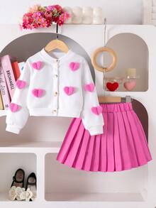 SHEIN Playful Pals 女童可爱休闲日常针织开衫外套，粉色爱心图案，搭配粉色裙子，两件套，秋季儿童户外服装 - 玫紅色 - 查看 6