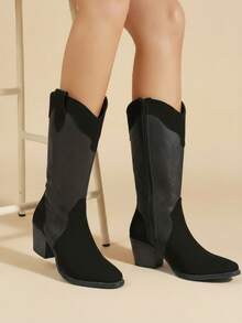 Bota alta mujer costura artesanal punta afilada sin cordones tacón grueso estilo vaquero uso diario botas - Negro - Ver 2