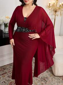 Modelyn Plus Size Women Sequin Patchwork Asymmetric Sleeve Elegant Dress - Burgundy - View 5
