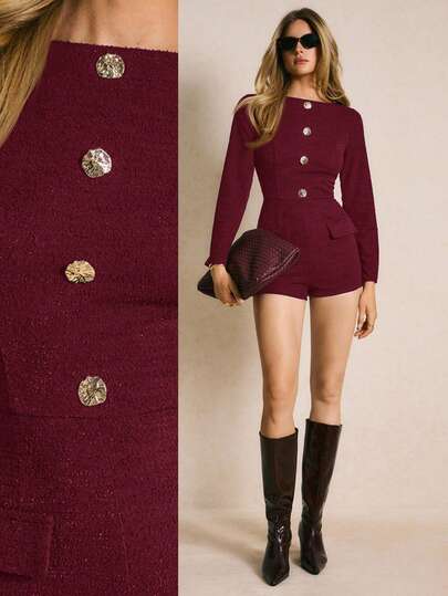 Poéselle Women's Burgundy Plain Knitted Long Sleeve Short Unitard Casual Jumpsuit With Round Neck And Zipper Detail