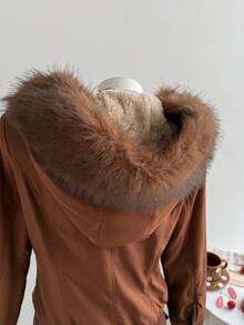 Comfortcana Áo khoác nữ tay dài cổ lông giả màu trơn tối giản thường ngày thu đông dành cho nữ - màu nâu - Xem 7