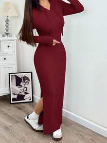 SHEIN EZwear 女士酒红色连帽抽绳腰身修身长袖针织连衣裙，可叠穿，秋冬季 - 玫瑰紅 - 查看 4