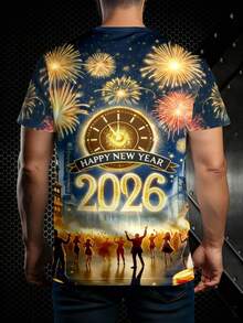 Manfinity Homme 男士时尚3D印花“2026新年快乐”T恤 圣诞上衣 圣诞礼物 男士礼物 圣诞T恤 - 彩色 - 查看 3