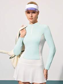 CourtClass Women's Color Block Raglan Sleeve Zip-Up Half Placket Fitted Sports T-Shirt - Baby Blue - View 3