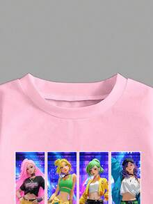 SHEIN ChillGRL 两件套少女休闲时尚春秋冬装，卡通人物设计，短袖圆领T恤搭配工装裙，舒适短袖圆领T恤搭配打底裤，适合春夏穿着，时尚休闲，街头风，户外野餐，上学，聚会，礼物 - 彩色 - 查看 3