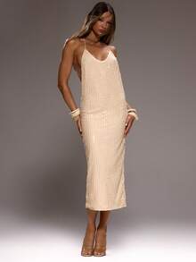 MUSERA Sequin Plunge Front Back Detail Straight Fit Maxi Dress Autumn  Sexy Elegant Occasion Party Evening NYE Spring Summer Vacation Long Dress - White - View 2