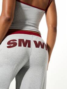 SUMWON WOMEN Women's Heather Grey Camisole Tank Top And Wide Leg Palazzo Pants Lounge Co-Ord Set With Logo Print Two Piece Matching Sleepwear Comfort Set - Grey - View 6