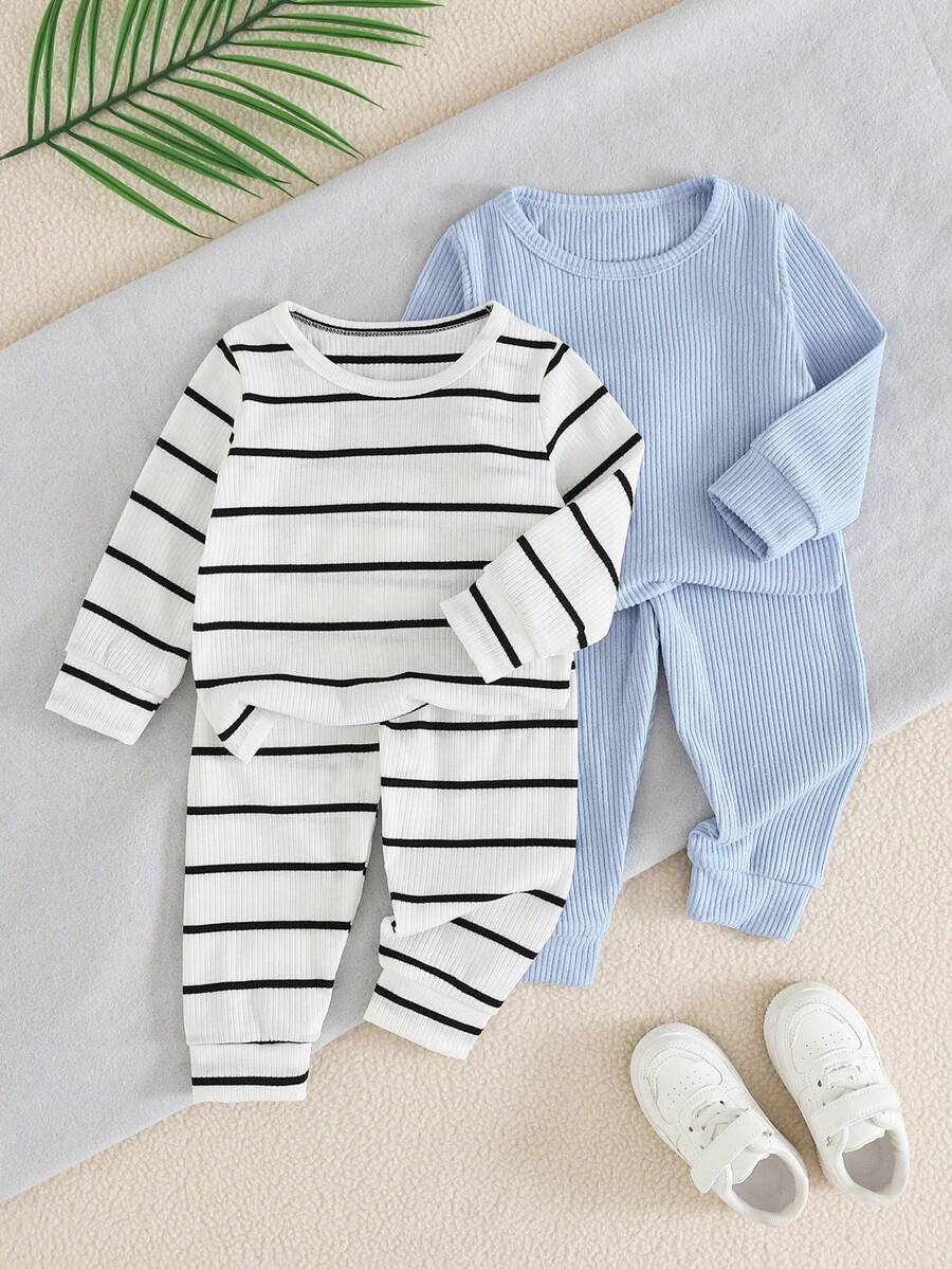 SHEIN 4pcs(2 Sets)Baby Boys Toddler Casual Outfits,Blue White Stripe,Autumn,Family Matching Ribbed Long Sleeve T-Shirts And Elastic Waist Pants Clothes Set - Multicolor - View 1