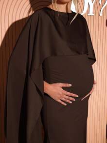 Loomaby 优雅派对纯色披肩袖孕妇连衣裙 - 咖啡棕 - 查看 5