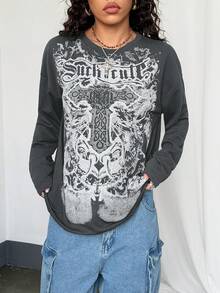 StreetHx 女士哥特印花宽松休闲暗黑街头风圆领薄款长袖T恤，秋冬图案T恤，春季女式上衣 - 深灰色 - 查看 6