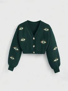 ROMWE Hippie Women's Vintage Embroidered Eye Totem Cardigan - Dark Green - View 1