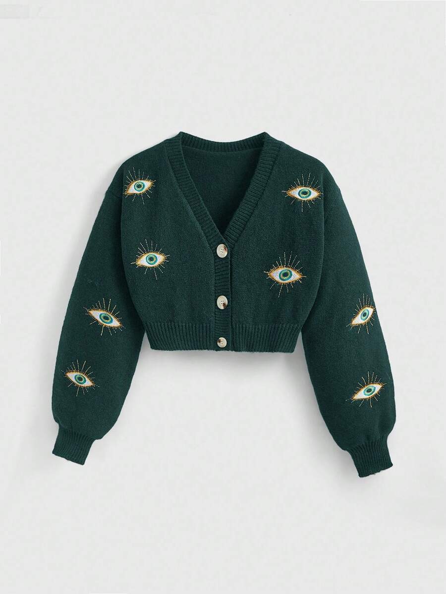 ROMWE Hippie Women's Vintage Embroidered Eye Totem Cardigan - Dark Green - View 1