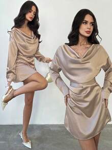 Firerie Women's Elegant Champagne Gold Satin Long-Sleeved Dress,Winter Flowing Glossy Party Outfit,Vintage Style Date Night,Christmas Graduation Guest Clothes - Khaki - View 2