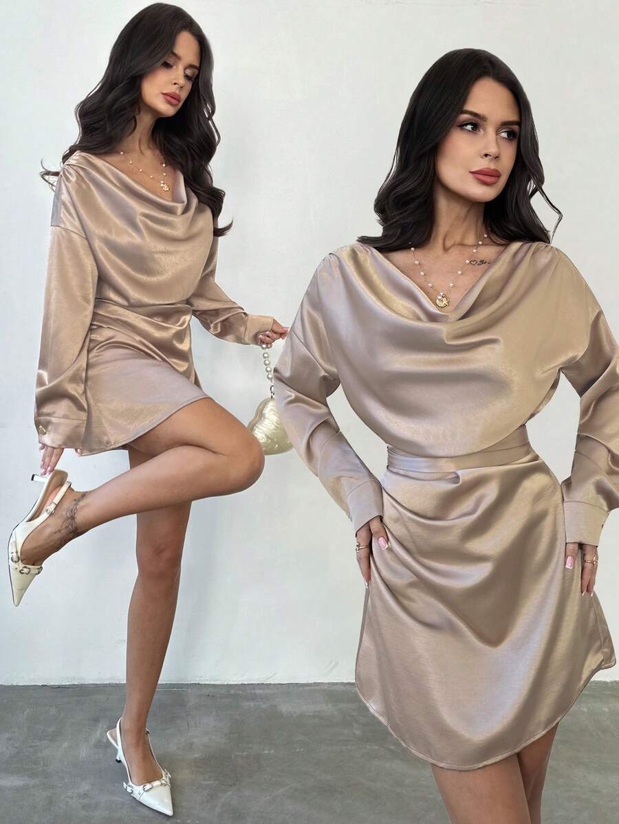 Firerie Women's Elegant Champagne Gold Satin Long-Sleeved Dress,Winter Flowing Glossy Party Outfit,Vintage Style Date Night,Christmas Graduation Guest Clothes