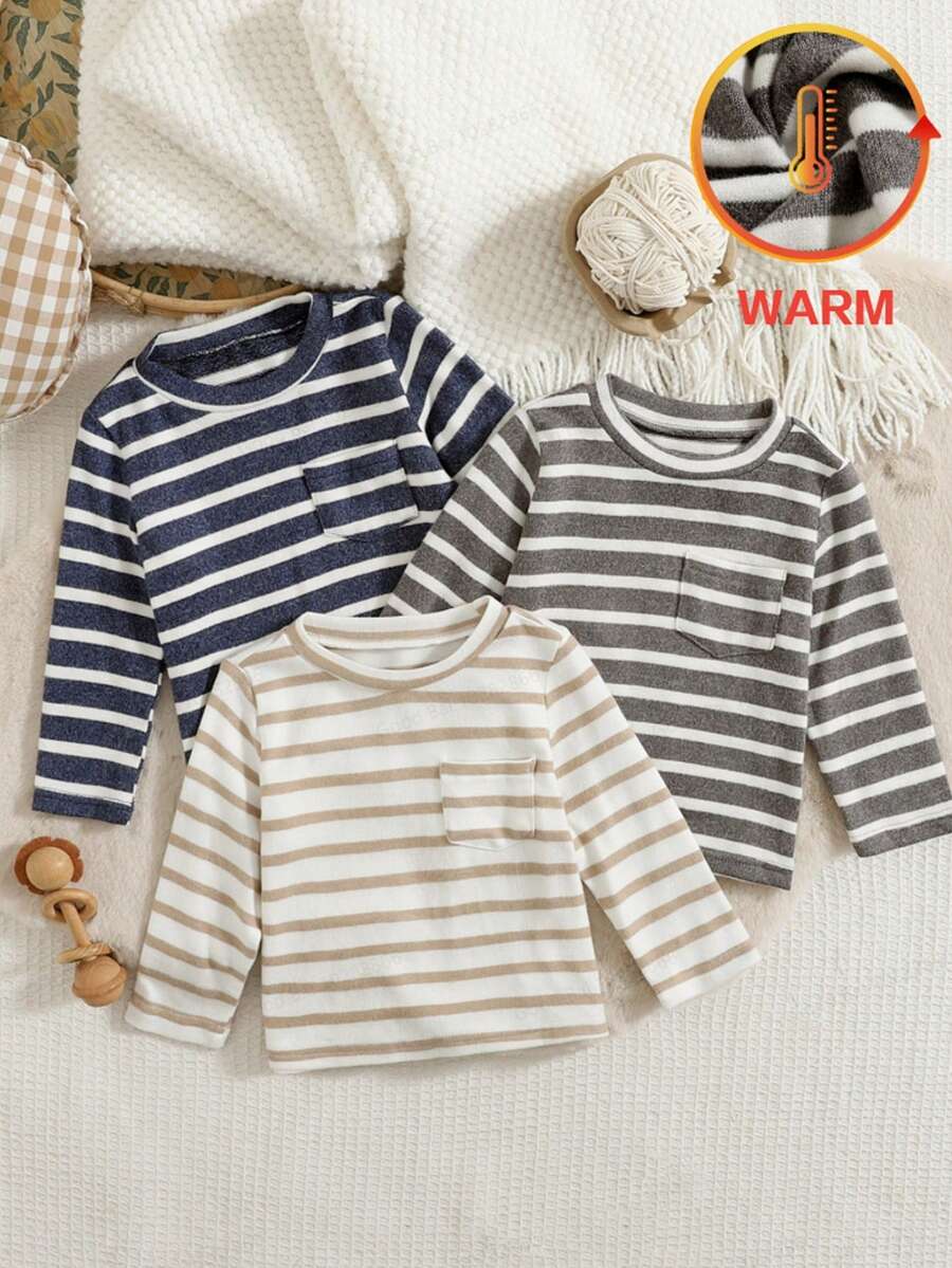 SHEIN 3pcs Baju Bayi Laki-laki Kasual Bergaris Leher Bulat dengan Hiasan Saku Lengan Panjang, Nyaman untuk Musim Gugur/Musim Dingin - MultiWarna - View 1