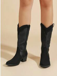 Bota alta mujer costura artesanal punta afilada sin cordones tacón grueso estilo vaquero uso diario botas - Negro - Ver 1