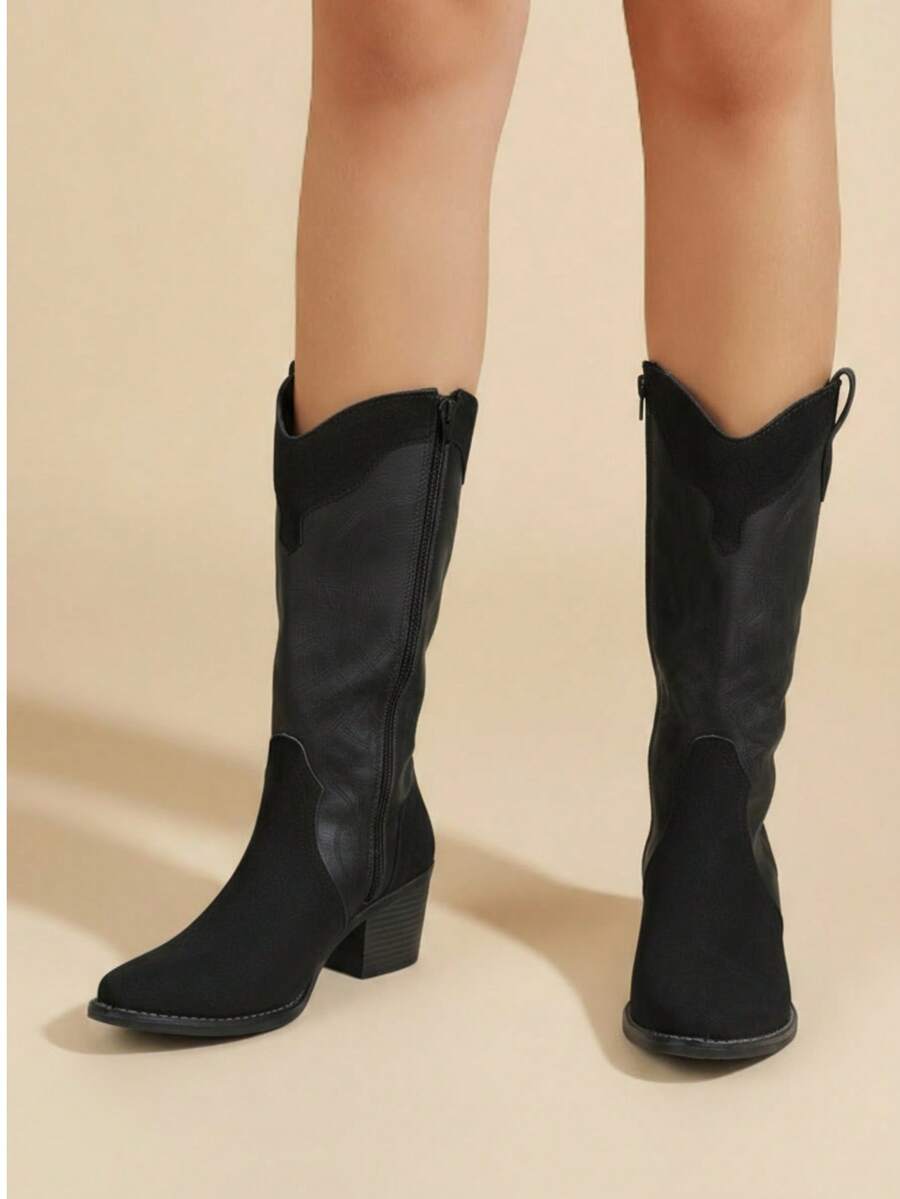 Bota alta mujer costura artesanal punta afilada sin cordones tacón grueso estilo vaquero uso diario botas - Negro - Ver 1