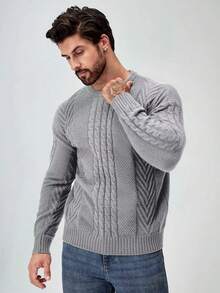 Manfinity Homme 男士纯色简约圆领长袖毛衣，休闲日常穿着 - 灰色 - 查看 3