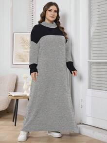 Lacomfia 大码女式撞色高领落肩长袖罗纹休闲宽松连衣裙，秋季休闲T恤长裙，适合日常休闲穿着 - 淺灰色 - 查看 6