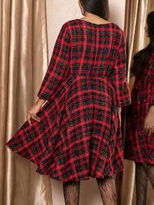 Zelara Plus Size Elegant Plaid Tweed Midi Dress For Women,Black And Red Autumn Sparkly Long Party Dresses,Tea Party Graduation,Christmas New Year Outfit - Multicolor - View 3