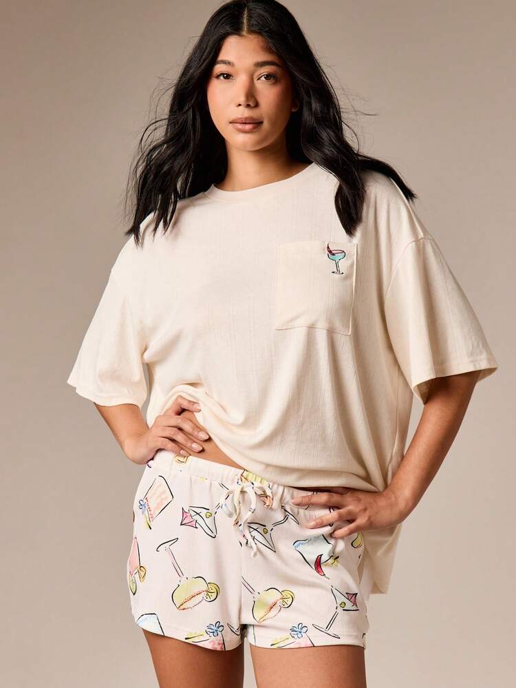 Oversized Tee With Cocktail Print Shorts Set