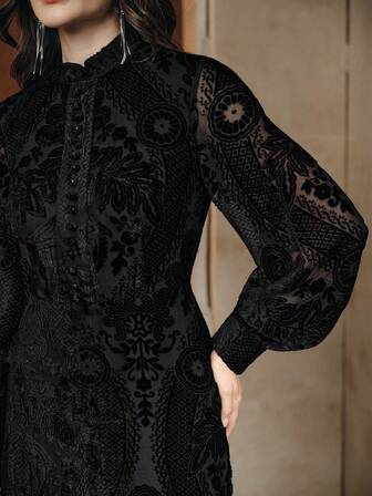 Anewsta Women's Elegant Cinched Waist Flocked Floral Print Stand Collar Dress, Suitable For Fall, Winter, Spring, New Year, Party, Wedding, Elegant, Chic, Stylish, Business Casual, Cozy, Thanksgiving, Work, Going Out