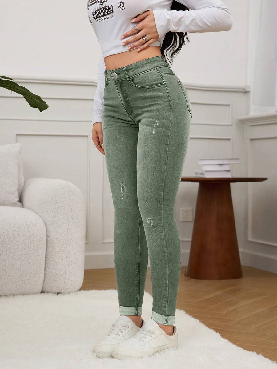 SHEIN EZwear 女式修身百搭休闲春季高腰破洞紧身牛仔裤 - 綠色 - 查看 1