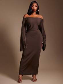 Radiana 大码女士性感优雅不对称领口收腰度假连衣裙，巧克力棕色，大地色系，两种穿法，适合宴会、盛宴、晚宴、舞会、都市、性感办公室女郎、邮轮、复古、节日、音乐会、嘉年华、郊游、层次丰富的场合、假日、约会之夜、聚会、生日、单身派对、鸡尾酒会、正式活动、端庄、时尚、夜店、可爱、休闲、外出等，凸显身材，修饰身形，打造迷人轮廓，/圣诞连衣裙 - 棕色 - 查看 6