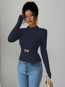 Elenzga Fashionable Casual Ribbed Textured Design Waist Chain Metal Buckle Slim Fit Long Sleeve T-Shirt, Versatile For Daily Wear In Autumn - Navy Blue - View 4