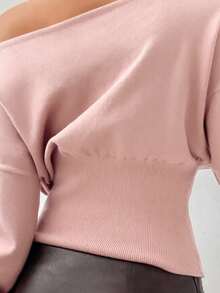 Aloruh Women's Autumn/Winter Exposed Shoulder Asymmetrical Shoulder Long Sleeve Tight Ribbed Light Pink Sweater,Fall,Fall Clothes For Women,Winter Clothes For Women - Baby Pink - View 7