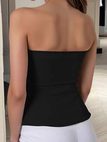 SHEIN Essnce Áo ba lỗ hở vai màu trơn khóa kéo phía trước cho nữ, mùa hè - màu đen - Xem 3