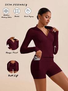 Conjunto deportivo mujer tela suave ajustada absorbe humedad chaqueta cremallera cuello alto pantalones cortos sin transparencia deportivo elegante Varios Colores Disponibles - Color caoba - Ver 3