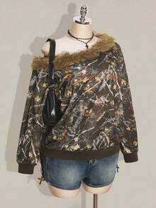 SHEIN ICON Sudadera con hombros oblicuos, cuello de piel, parches y bordado de letras en camuflaje, talla grande, estilo Y2K, sudadera retro de camuflaje de otoño/invierno Y2K - Multicolor - Ver 4