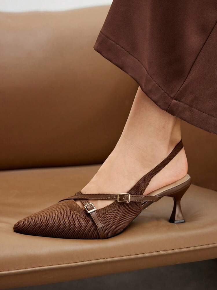 CUCCOO BASICS Women's Pointed Toe Kitten Heel Coffee Color Knitted Criss-Cross Strap Comfortable Breathable Daily Commute High Heel Mules For Christmas Valentine's Day Spring Shoes