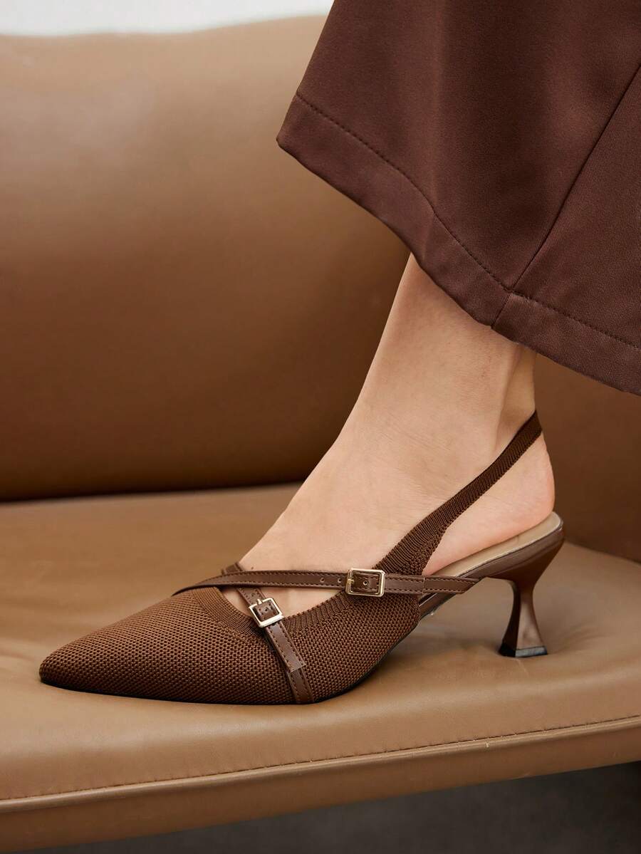 CUCCOO BASICS 女士尖头小猫跟咖啡色针织交叉带舒适透气日常通勤高跟穆勒鞋 - 咖啡棕 - 查看 1