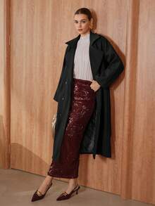 Glisette Women's Fashionable & Elegant Double-Breasted Waist Belt Straight Overcoat - Black - View 4