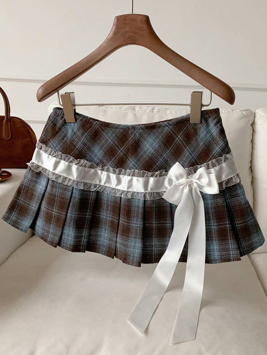 Comfortcana 2025秋冬新款女式格子蕾丝蝴蝶结装饰时尚学院风百褶裙圣诞节新年派对毕业典礼棕蓝色裙子 - 彩色 - 查看 1