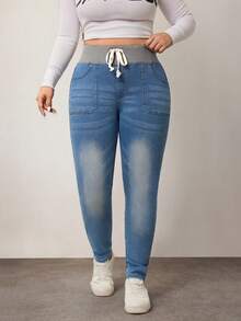 Enliva Plus Size Sexy Stretch Color Block Wide Waistband Blue Denim Jeans, For Apple Rounded Body Shape - Light Wash - View 8