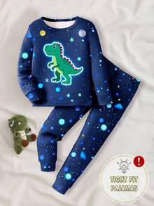 1 Set Young Boy Dinosaur Print Glow-In-The-Dark Star Pattern Tight Fit Long Sleeve Top And Pants Pajama Set, Autumn - White - View 8